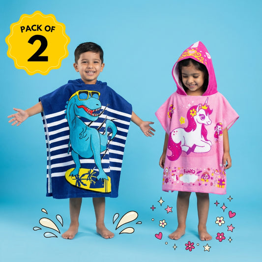 Dino & June Unicorn Hooded Bath Towel, Set of 2 | 100% Microfiber Poncho Towel for Kids (1-7 Years)