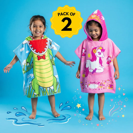 Crocodile & June Unicorn Hooded Towel, Set of 2 | 100% Microfiber Poncho Towel for Kids (1-7 Years)