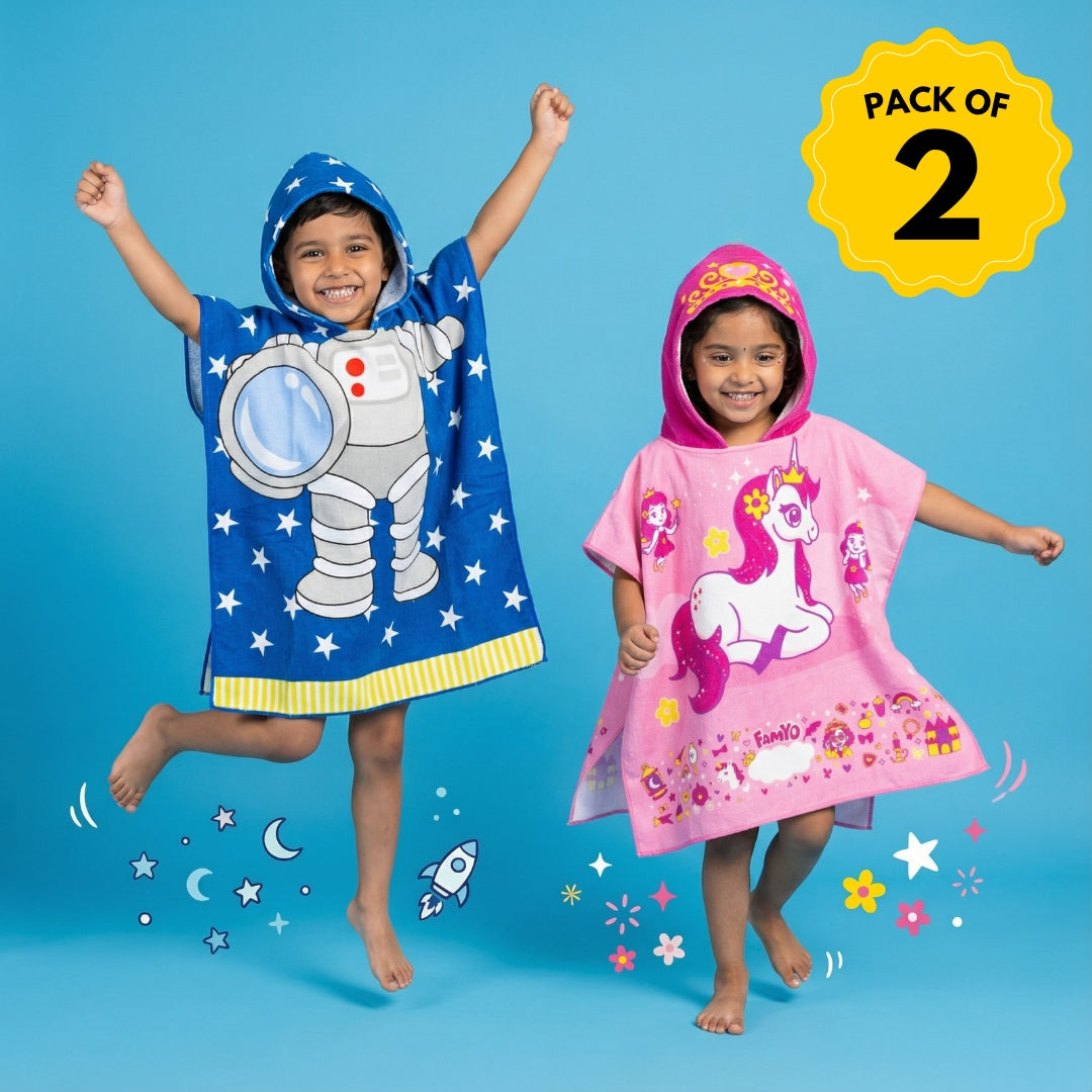 Astro & June Unicorn Hooded Bath Towel, Set of 2 | 100% Microfiber Poncho Towel for Kids (1-7 Years)