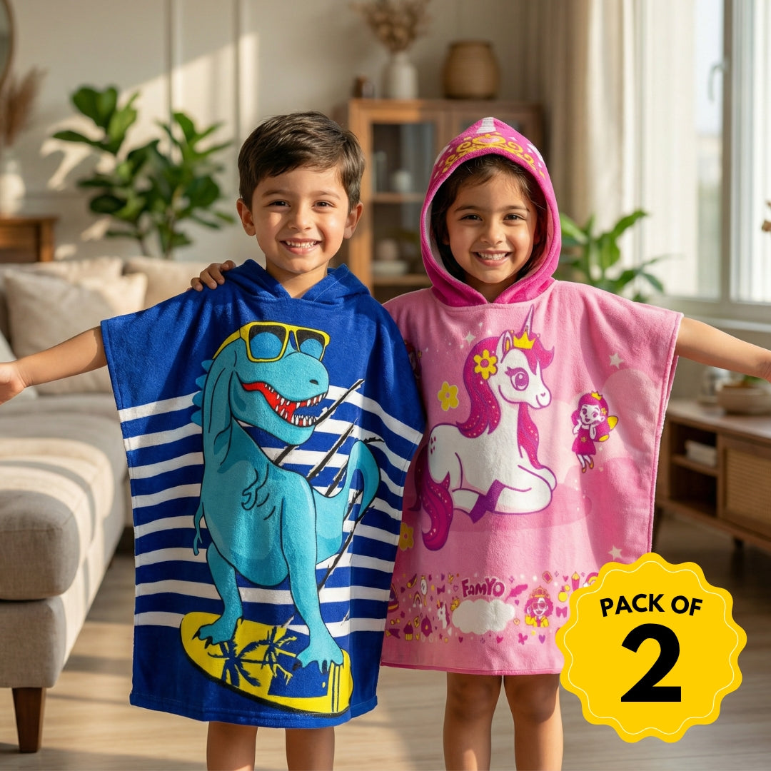 Dino & June Unicorn Hooded Bath Towel, Set of 2 | 100% Microfiber Poncho Towel for Kids (1-7 Years)