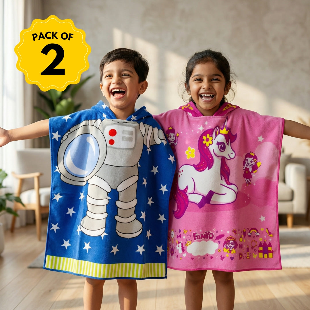 Astro & June Unicorn Hooded Bath Towel, Set of 2 | 100% Microfiber Poncho Towel for Kids (1-7 Years)