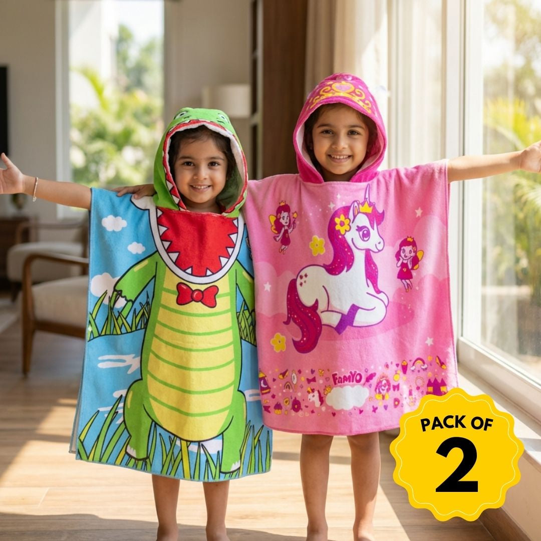 Crocodile & June Unicorn Hooded Towel, Set of 2 | 100% Microfiber Poncho Towel for Kids (1-7 Years)
