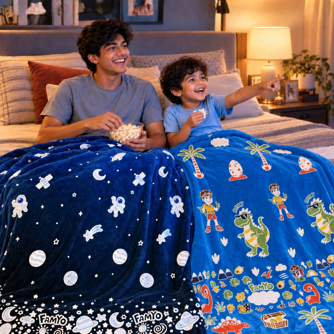 Dark Blue Astronaut & Rexy the Dino Glow in the Dark Blanket/Ouilt/ AC Comforter Combo for Kids | Set of 2 Queen Size