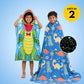 Crocodile hooded poncho towel and Blue Dino glow in the dark quilt, blanket and AC comforter gift set for kids featuring quick-dry microfiber, soft flannel fabric, lightweight comfort, and fun character designs for bath time and bedtime.