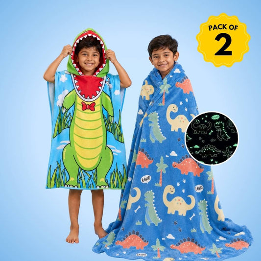 Crocodile hooded poncho towel and Blue Dino glow in the dark quilt, blanket and AC comforter gift set for kids featuring quick-dry microfiber, soft flannel fabric, lightweight comfort, and fun character designs for bath time and bedtime.