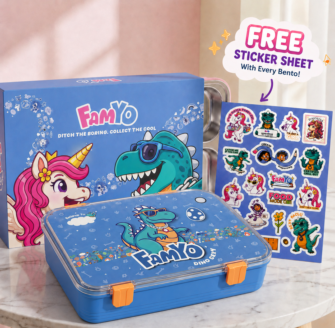 Famyo Rexy Dino Bento Lunch Box for Kids | Leakproof Kids Tiffin Box | 3 Stainless Steel Compartments | BPA-Free School Lunch Box