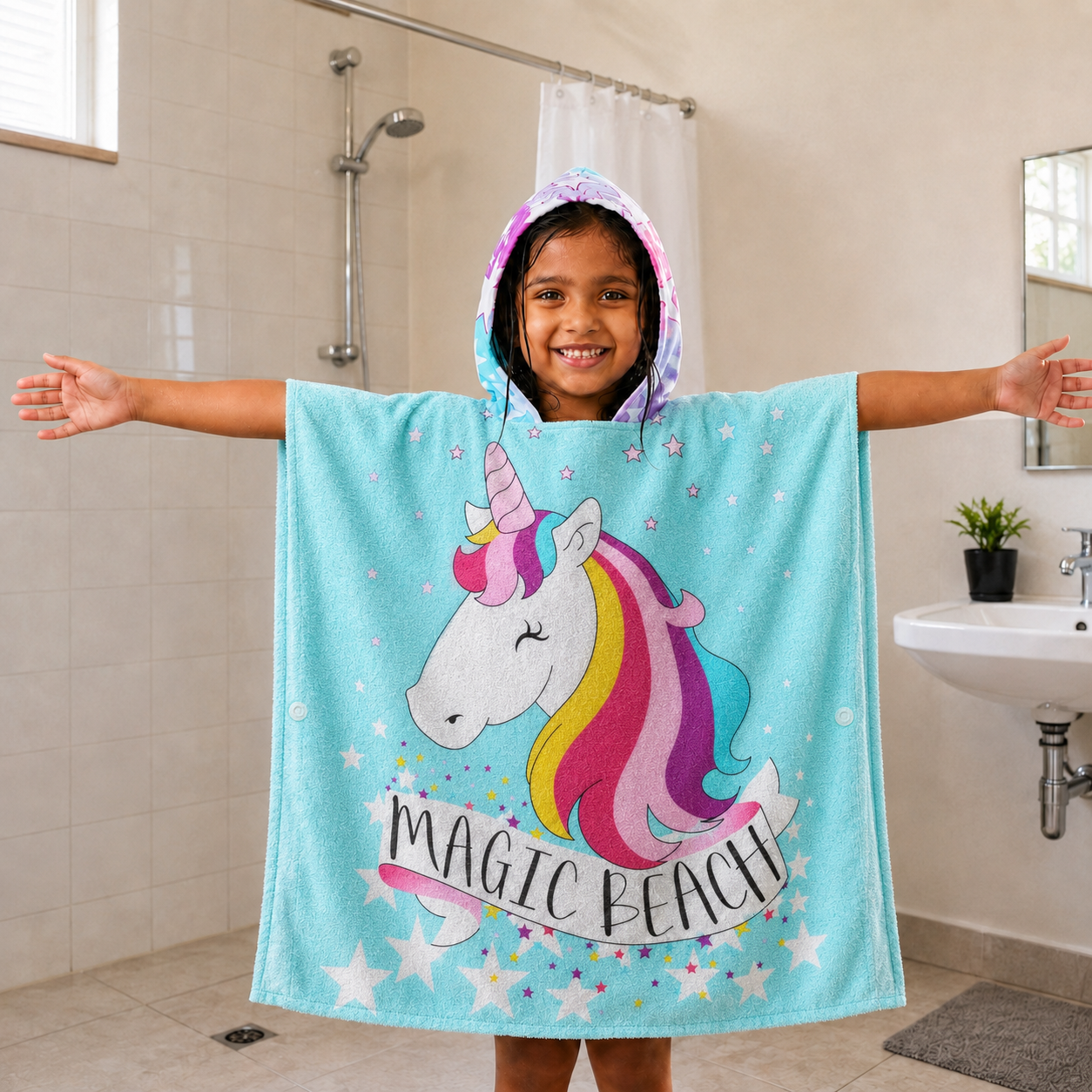 Magic Beach Pink Unicorn Poncho Towel for Kids, 1-7 years, 60 x 60cm | 100% Cotton, Skin-Friendly Microfiber Hooded Kids Bath Towel | Quick-Drying, Water Absorbing, Full-Size Bathrobe
