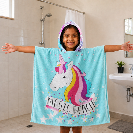 Magic Beach Pink Unicorn Hooded Poncho Towel for Kids | Quick-Dry, Highly Absorbent Microfiber Bath Towel