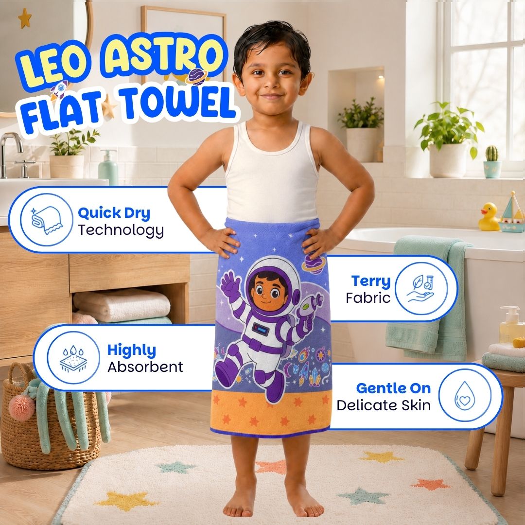 Leo the Astronaut kids towel featuring soft quick-dry terry fabric, lightweight absorbent design, 70 × 140 cm size, and ideal for bath, beach, pool, swimming, travel, and everyday use.