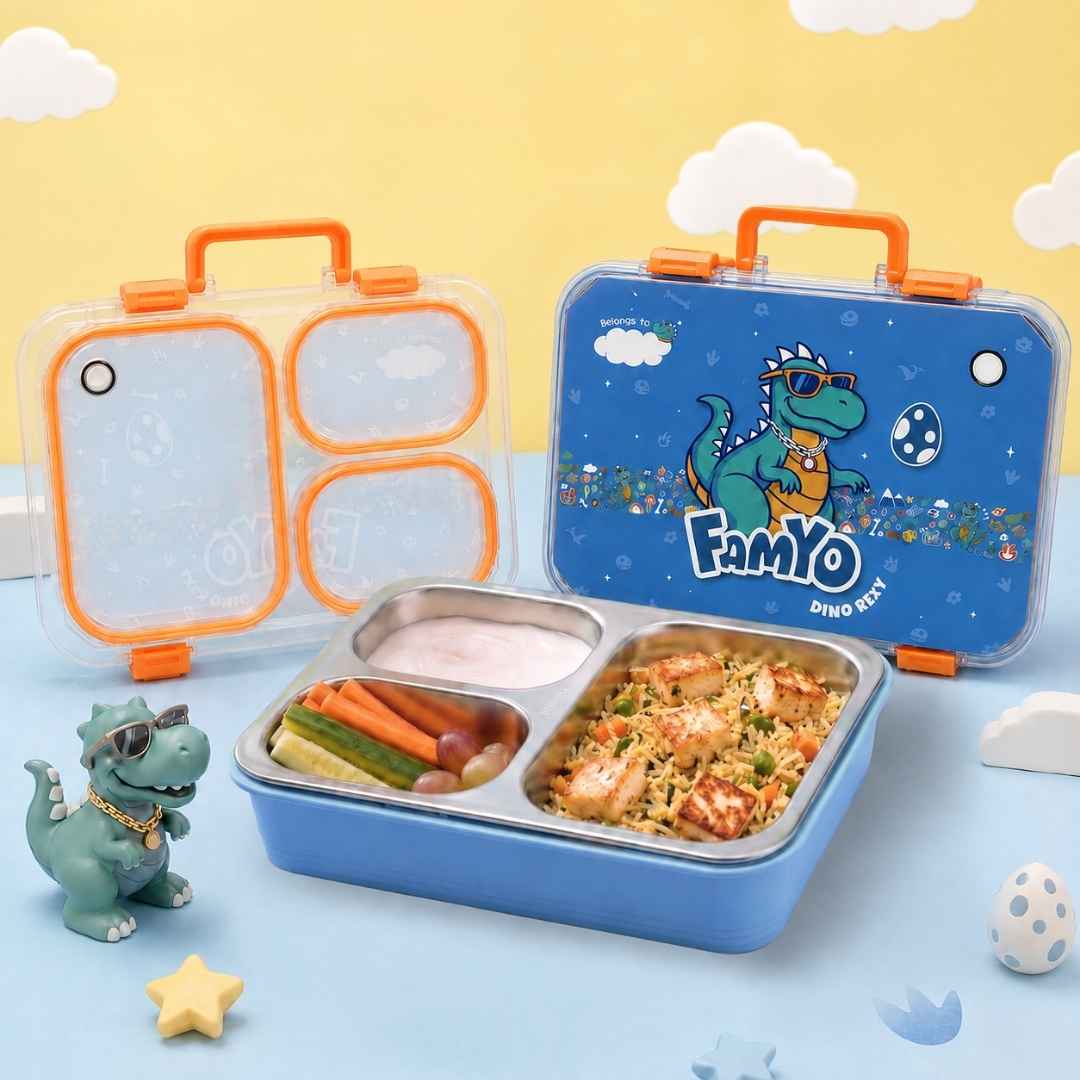 Rexy the Dino bento lunch box for kids featuring 3 stainless steel compartments, 680 ml leakproof design, BPA-free outer body, child-friendly locking clips, organised meal storage, and perfect for school lunches, travel, daycare, and everyday use.