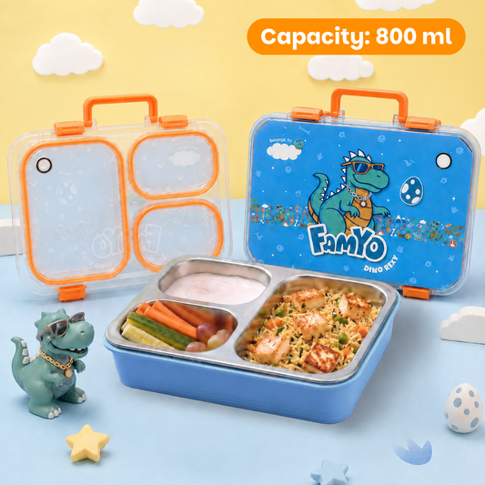 Famyo Rexy Dino Bento Lunch Box for Kids | Leakproof Kids Tiffin Box | 3 Stainless Steel Compartments | BPA-Free Snack Box