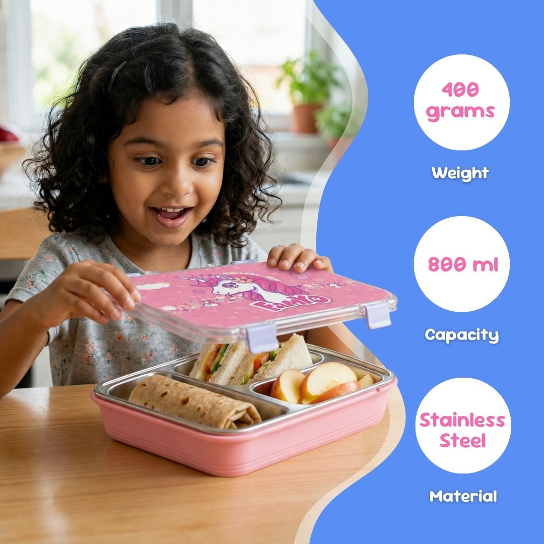 June the Unicorn bento lunch box for kids featuring 3 stainless steel compartments, 800 ml leakproof design, BPA-free outer body, child-friendly locking clips, organised meal storage, and perfect for school lunches, travel, daycare, and everyday use.