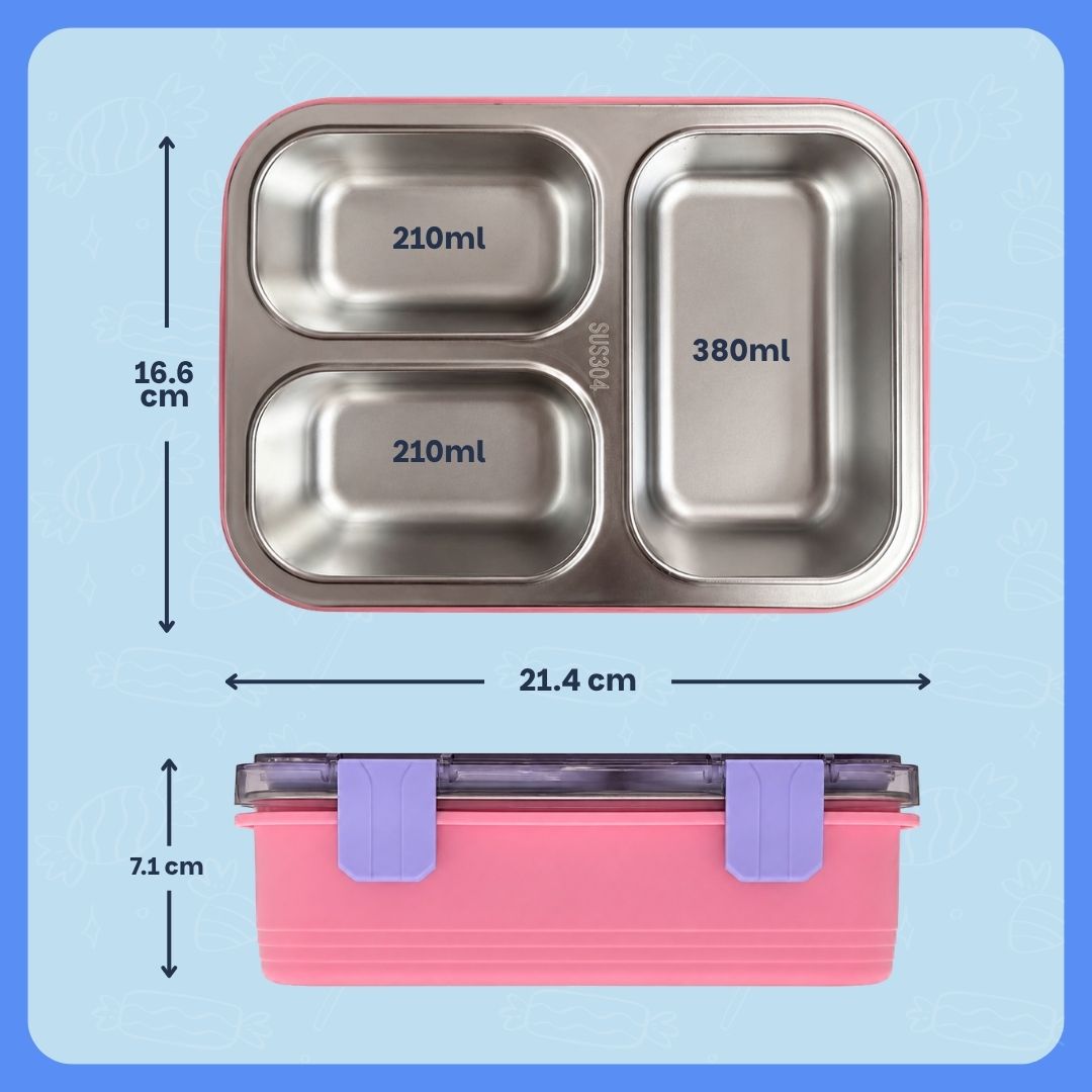 June the Unicorn bento lunch box for kids featuring 3 stainless steel compartments, 800 ml leakproof design, BPA-free outer body, child-friendly locking clips, organised meal storage, and perfect for school lunches, travel, daycare, and everyday use.