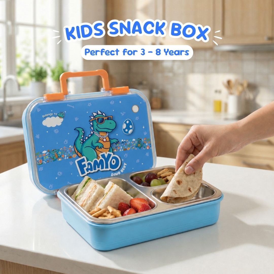 Famyo Rexy Dino Bento Lunch Box for Kids | Leakproof Kids Tiffin Box | 3 Stainless Steel Compartments | BPA-Free Snack Box