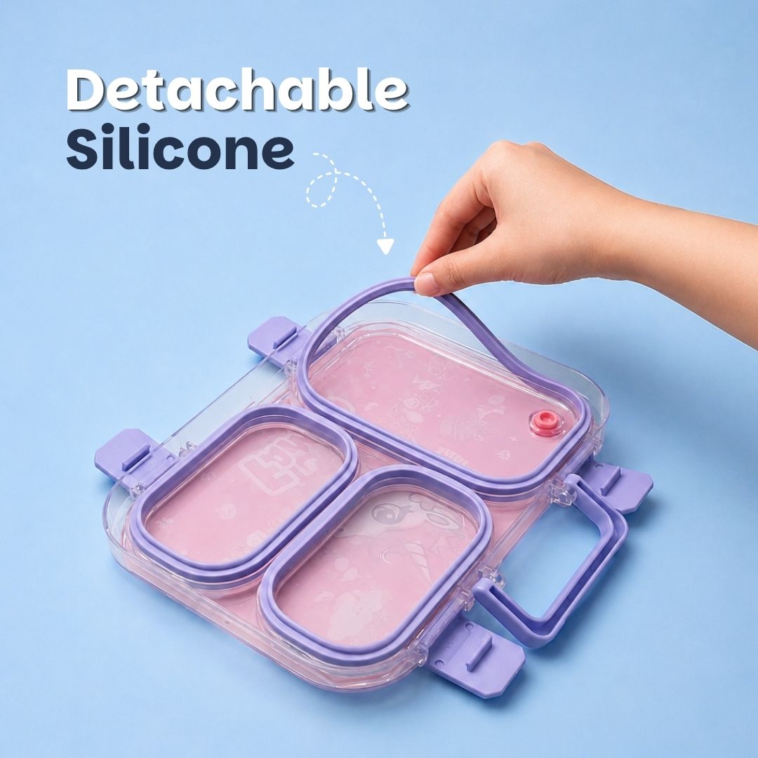 June the Unicorn bento lunch box for kids featuring 3 stainless steel compartments, 800 ml leakproof design, BPA-free outer body, child-friendly locking clips, organised meal storage, and perfect for school lunches, travel, daycare, and everyday use.