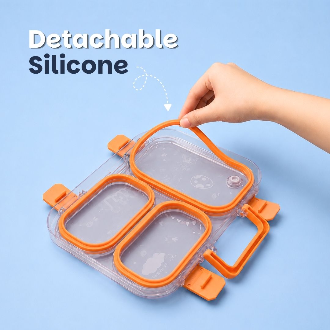 Rexy the Dino bento lunch box for kids featuring 3 stainless steel compartments, 680 ml leakproof design, BPA-free outer body, child-friendly locking clips, organised meal storage, and perfect for school lunches, travel, daycare, and everyday use.