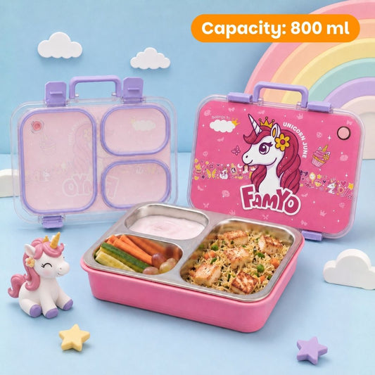 June the Unicorn bento lunch box for kids featuring 3 stainless steel compartments, 800 ml leakproof design, BPA-free outer body, child-friendly locking clips, organised meal storage, and perfect for school lunches, travel, daycare, and everyday use.