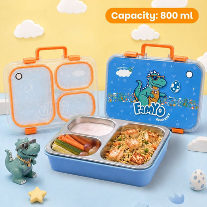 Famyo Rexy Dino Bento Lunch Box for Kids | Leakproof Kids Tiffin Box | 3 Stainless Steel Compartments | BPA-Free Snack Box