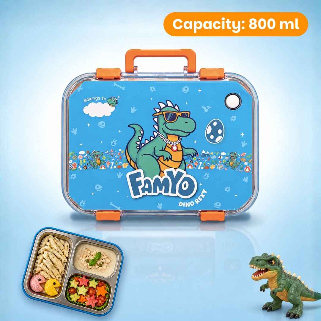 Famyo Rexy Dino Bento Lunch Box for Kids | Leakproof Kids Tiffin Box | 3 Stainless Steel Compartments | BPA-Free Snack Box | Perfect Birthday Gift for Kids