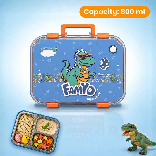Famyo Rexy Dino Bento Lunch Box for Kids | Leakproof Kids Tiffin Box | 3 Stainless Steel Compartments | BPA-Free Snack Box | Perfect Birthday Gift for Kids