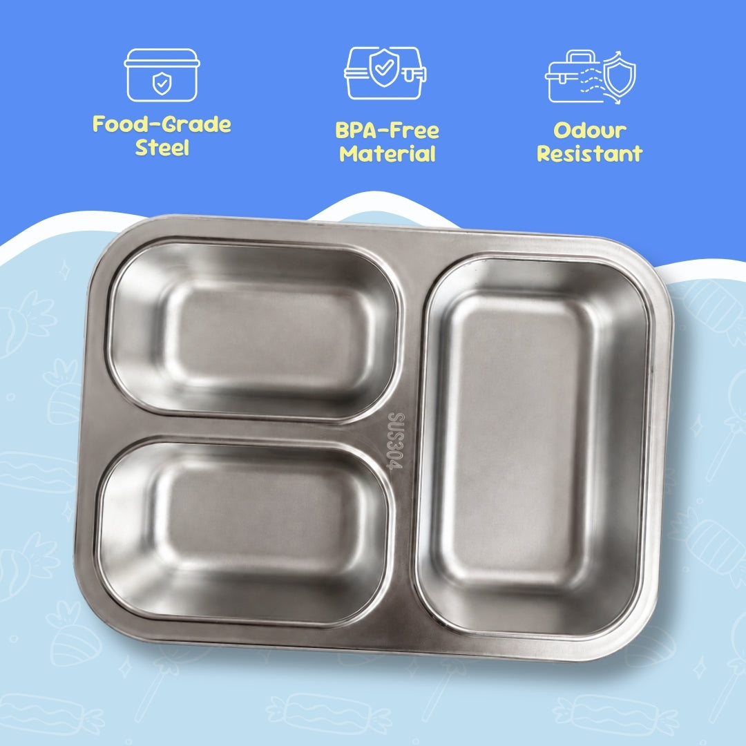 June the Unicorn bento lunch box for kids featuring 3 stainless steel compartments, 800 ml leakproof design, BPA-free outer body, child-friendly locking clips, organised meal storage, and perfect for school lunches, travel, daycare, and everyday use.