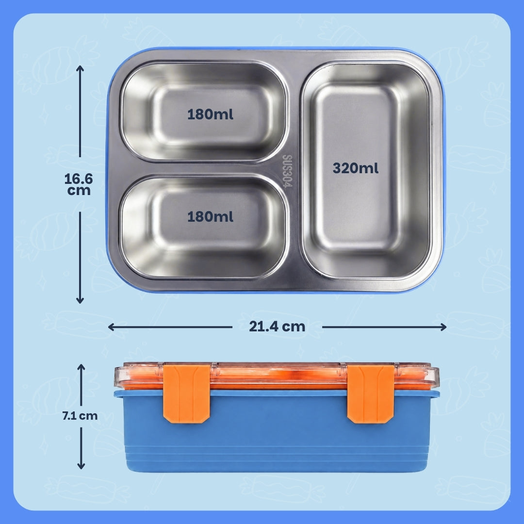 Rexy the Dino bento lunch box for kids featuring 3 stainless steel compartments, 680 ml leakproof design, BPA-free outer body, child-friendly locking clips, organised meal storage, and perfect for school lunches, travel, daycare, and everyday use.