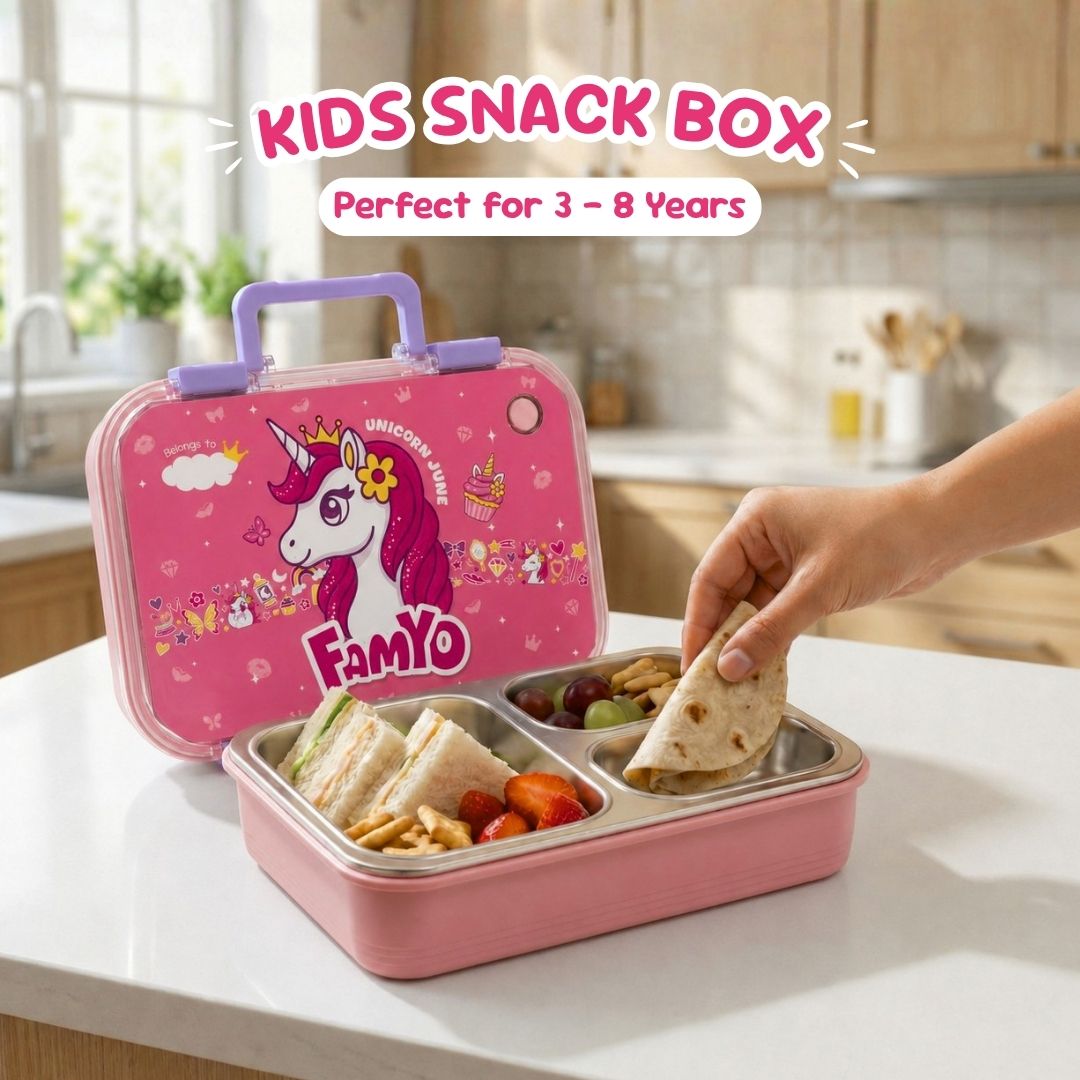 June the Unicorn bento lunch box for kids featuring 3 stainless steel compartments, 800 ml leakproof design, BPA-free outer body, child-friendly locking clips, organised meal storage, and perfect for school lunches, travel, daycare, and everyday use.