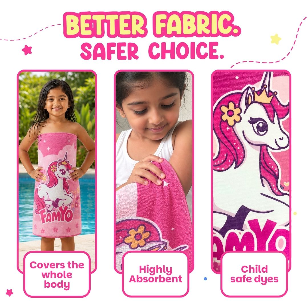 June the Unicorn kids towel featuring soft quick-dry terry fabric, lightweight absorbent design, 70 × 140 cm size, and ideal for bath, beach, pool, swimming, travel, and everyday use.