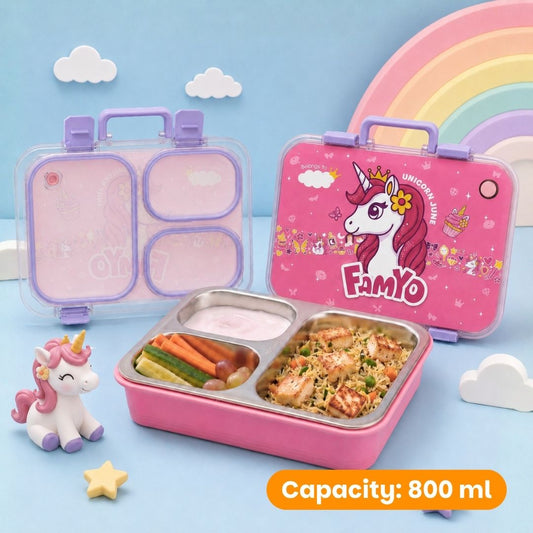 June the Unicorn bento lunch box for kids featuring 3 stainless steel compartments, 800 ml leakproof design, BPA-free outer body, child-friendly locking clips, organised meal storage, and perfect for school lunches, travel, daycare, and everyday use.