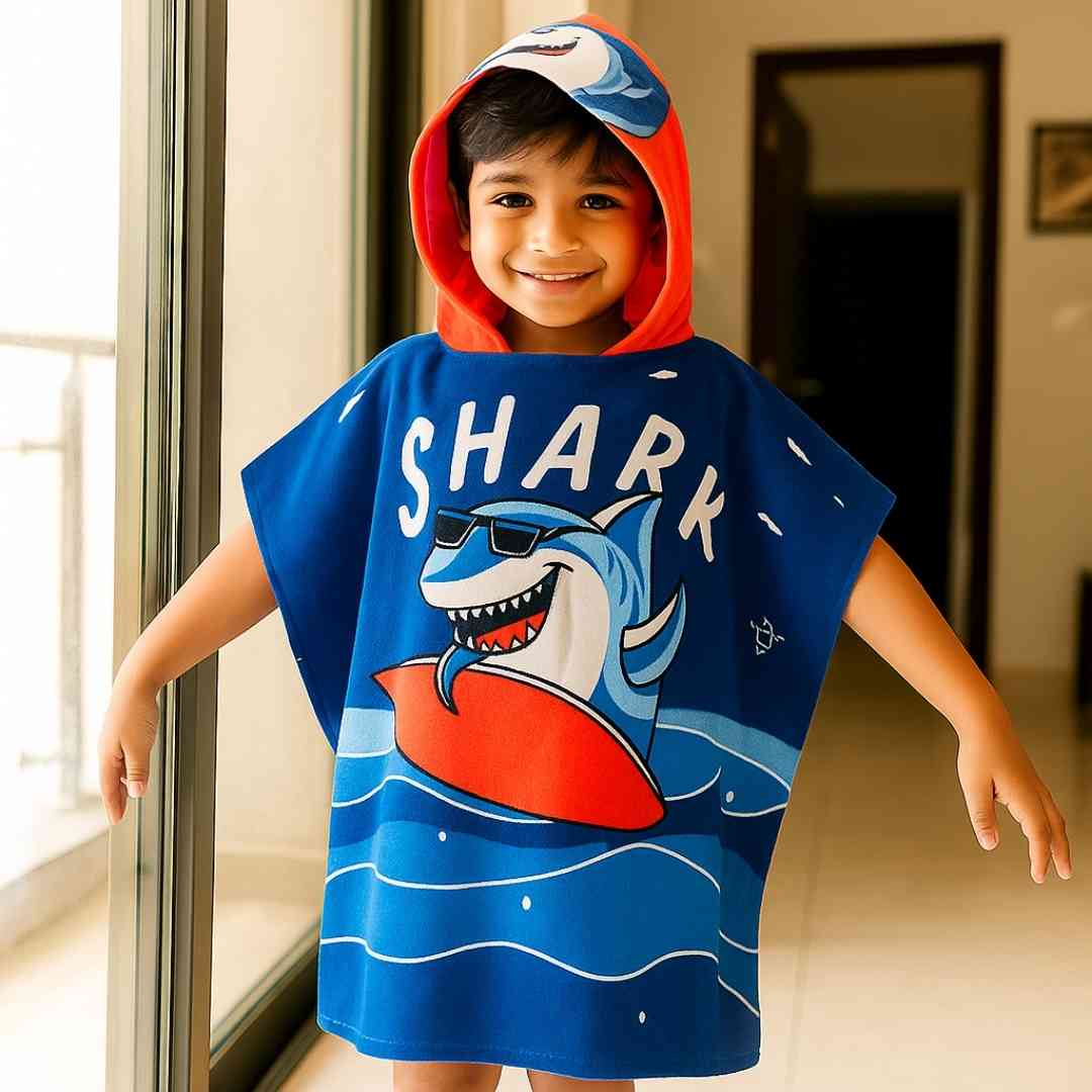 Dark Blue Shark Dive Baby Towel for Kids, 1-7 years | Quick-Drying Microfiber Kids Towel | Hooded Towel Famyo Shop WH