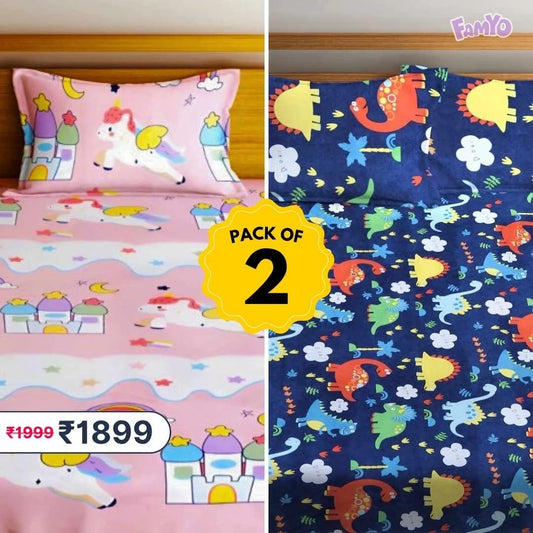 Famyo unicorn and dino bedsheet bundle – 2 cute 3pc fitted bedsheet sets for kids with zipped pillow covers
