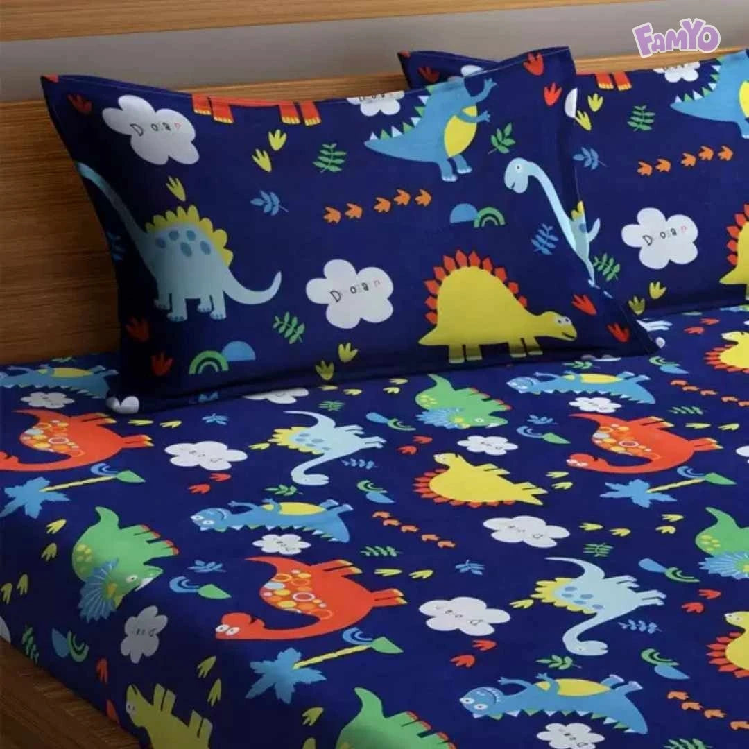 Unicorn + dino themed bedsheet bundle – 300TC microfiber, zipped covers included