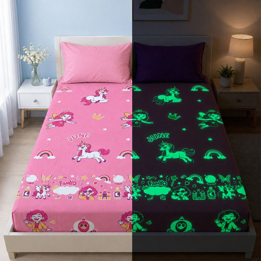 June the Unicorn Glow Bedsheet for Kids | King Size Bedsheet Set | 300 TC Cotton-Blend | Free Pillow Cover