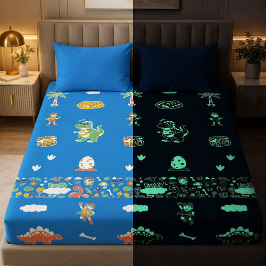 Rexy the Dino Glow Bedsheet for Kids | King Size Bedsheet Set | 300 TC Cotton-Blend | Free Pillow Cover