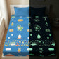 June the Unicorn and Rexy the Dino pack of 2 glow bedsheet set for kids featuring king-size fitted bedsheets, matching pillow covers, premium 300 TC cotton-blend microfiber, glow in the dark design, breathable comfort, elastic corners, and child-safe materials.
