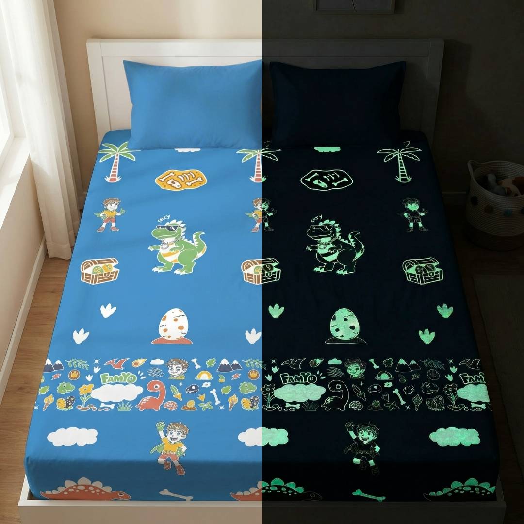 June the Unicorn and Rexy the Dino pack of 2 glow bedsheet set for kids featuring king-size fitted bedsheets, matching pillow covers, premium 300 TC cotton-blend microfiber, glow in the dark design, breathable comfort, elastic corners, and child-safe materials.