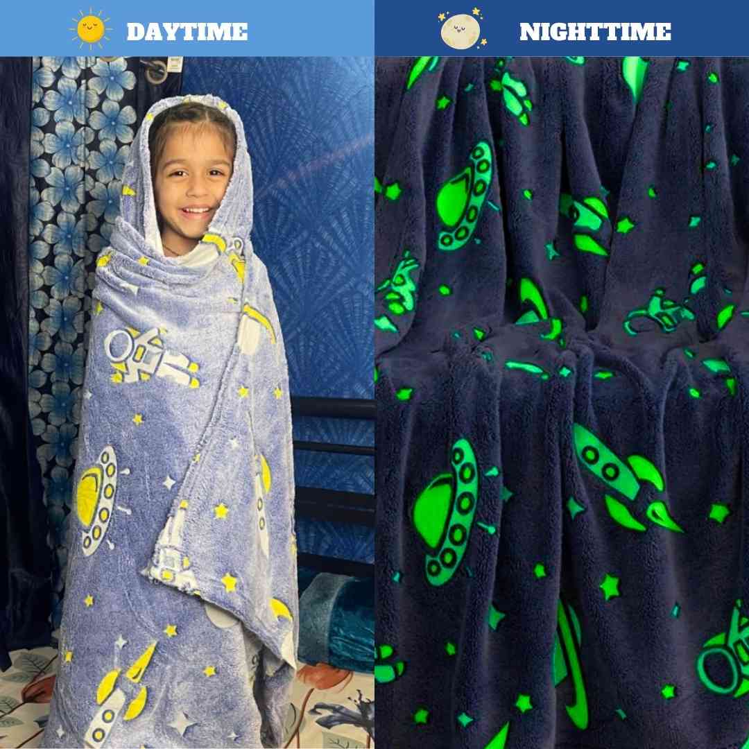 Astronaut print kids blanket – glow in the dark magic in a lightweight microfiber fabric