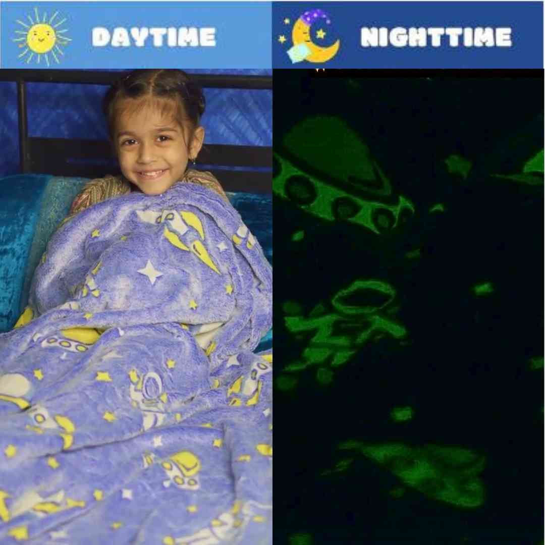 Famyo outer space blanket – astronaut print that glows for 0–15 year olds