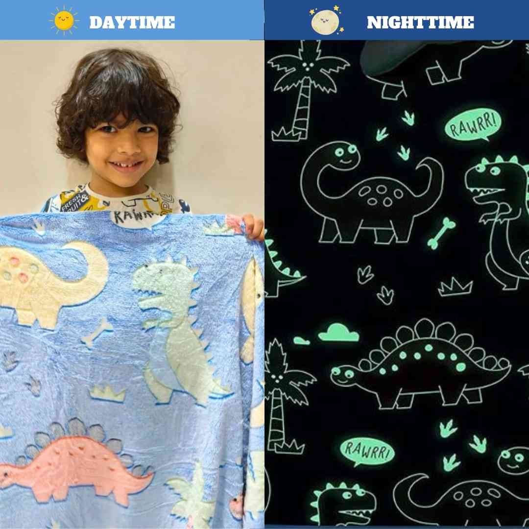Famyo kids blanket – blue base dinosaur print with glow in dark accents
