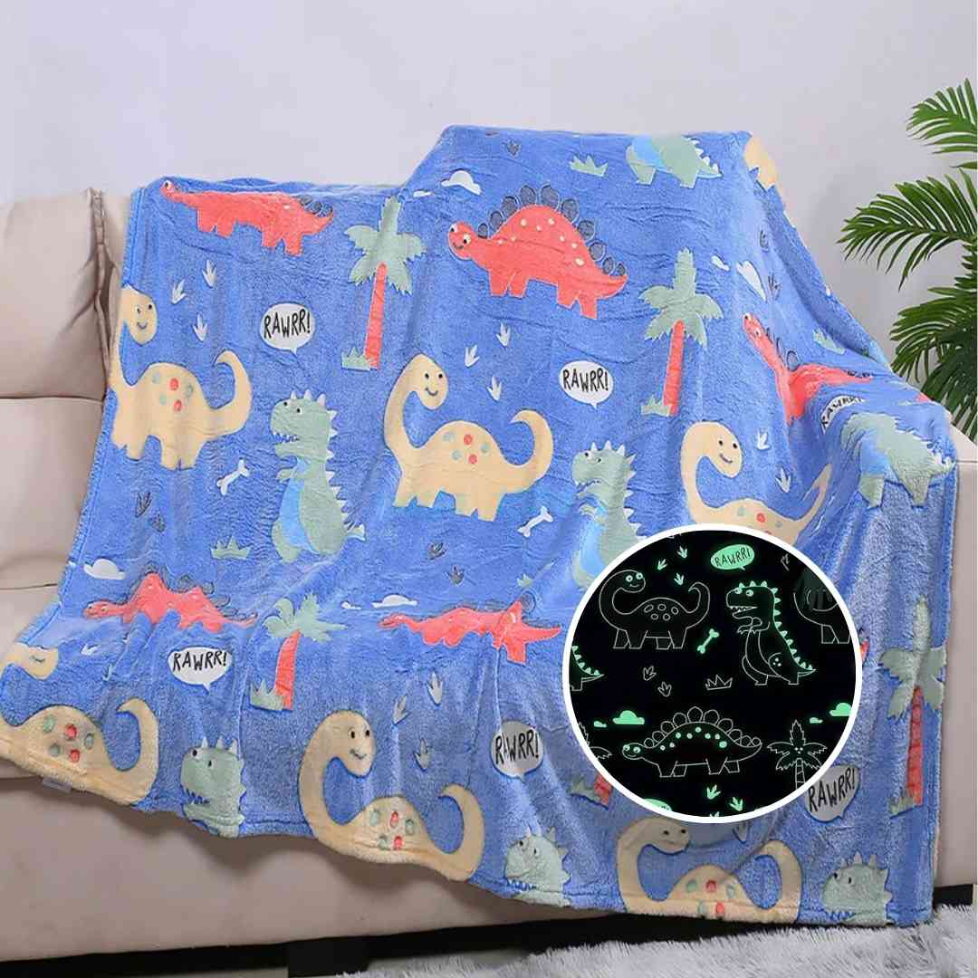 Glow in the dark blanket for boys – blue dinosaur design, AC friendly