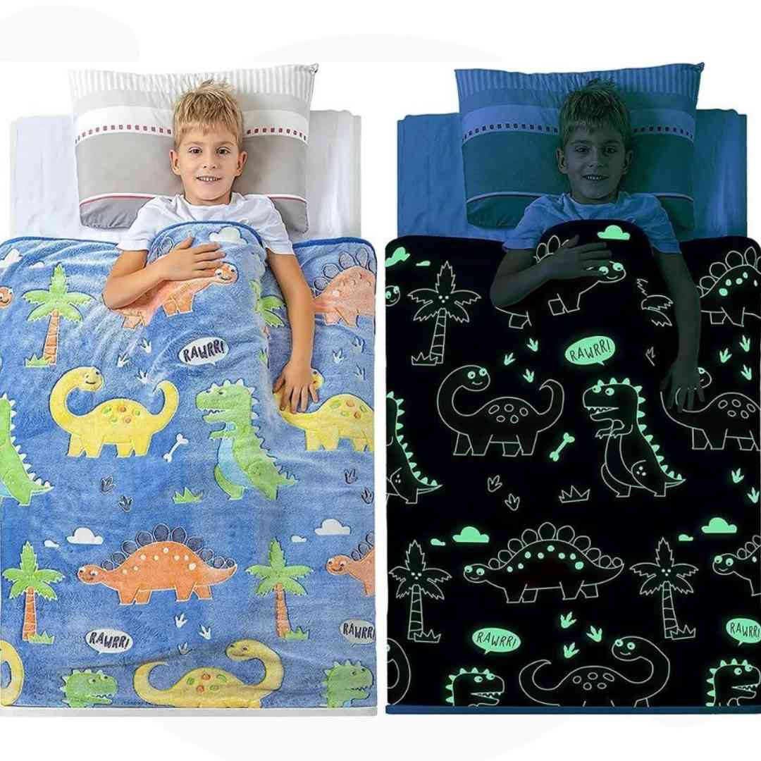 Queen size glow blanket for kids – blue dinosaur adventure by Famyo