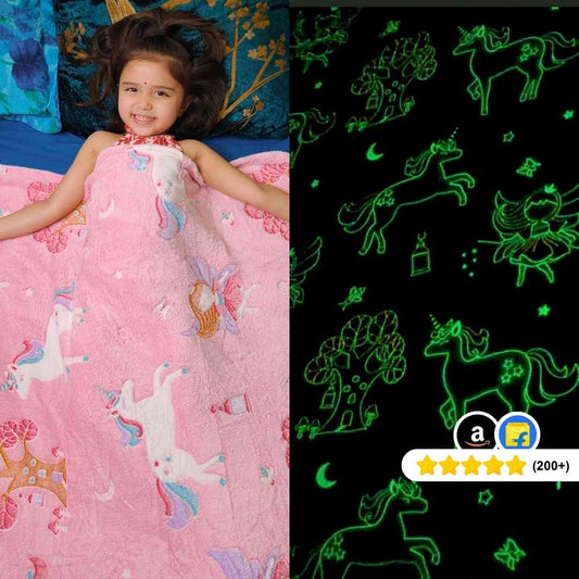 Famyo pink unicorn glow blanket – fairy design with glow-in-the-dark stars for kids