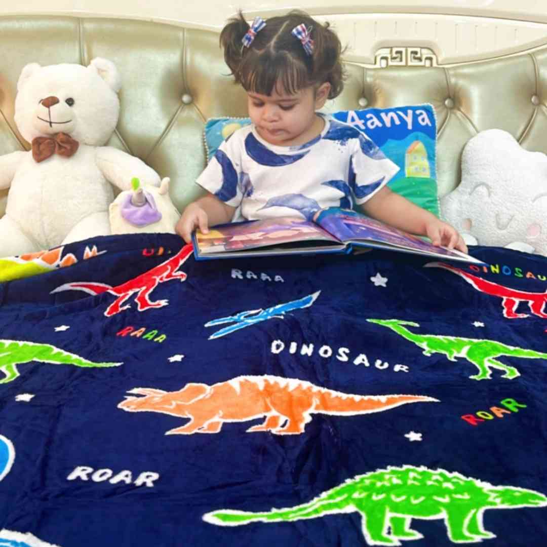 Dark Blue Dinosaur Glow Blanket by Famyo for Kids