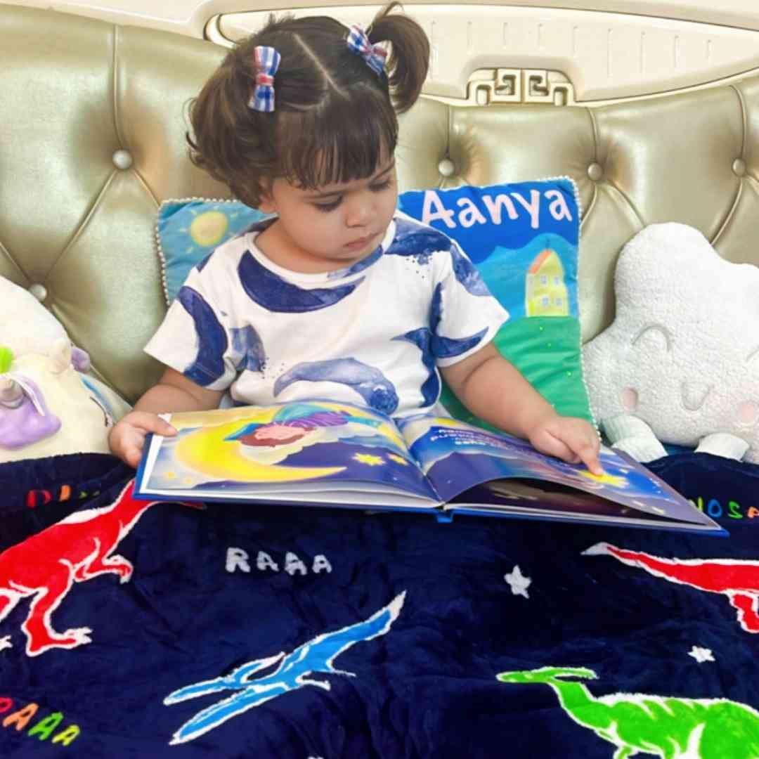 Glow in dark flannel blanket – dark blue dino print for kids’ AC comfort