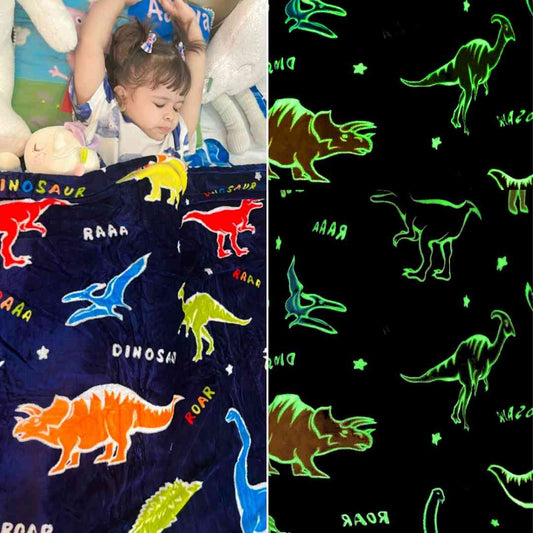 Dark blue dino glow in the dark blanket by Famyo – queen size kids blanket