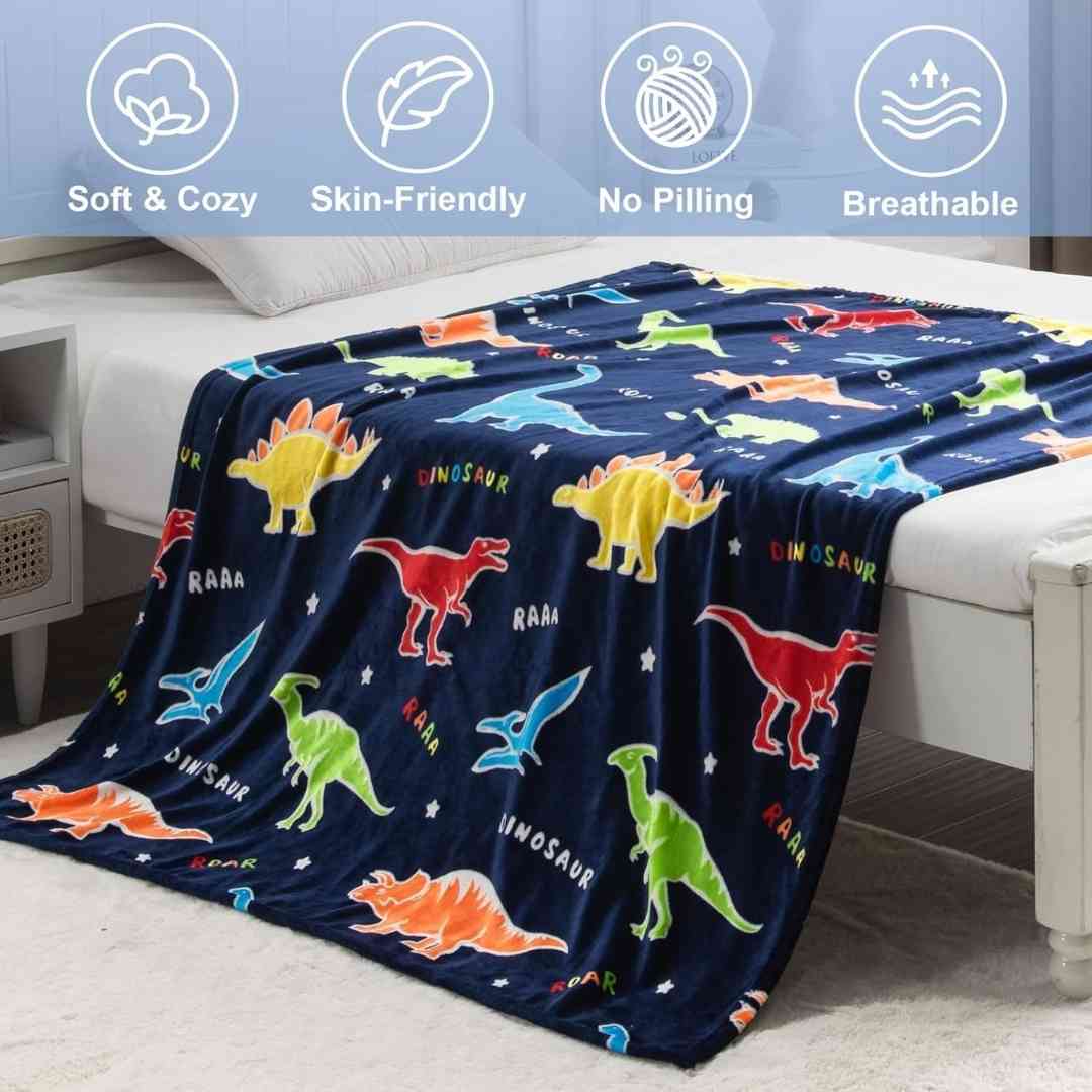 Dark Blue Dinosaur Glow Blanket for Kids 0-15 Yrs Super Soft Cozy