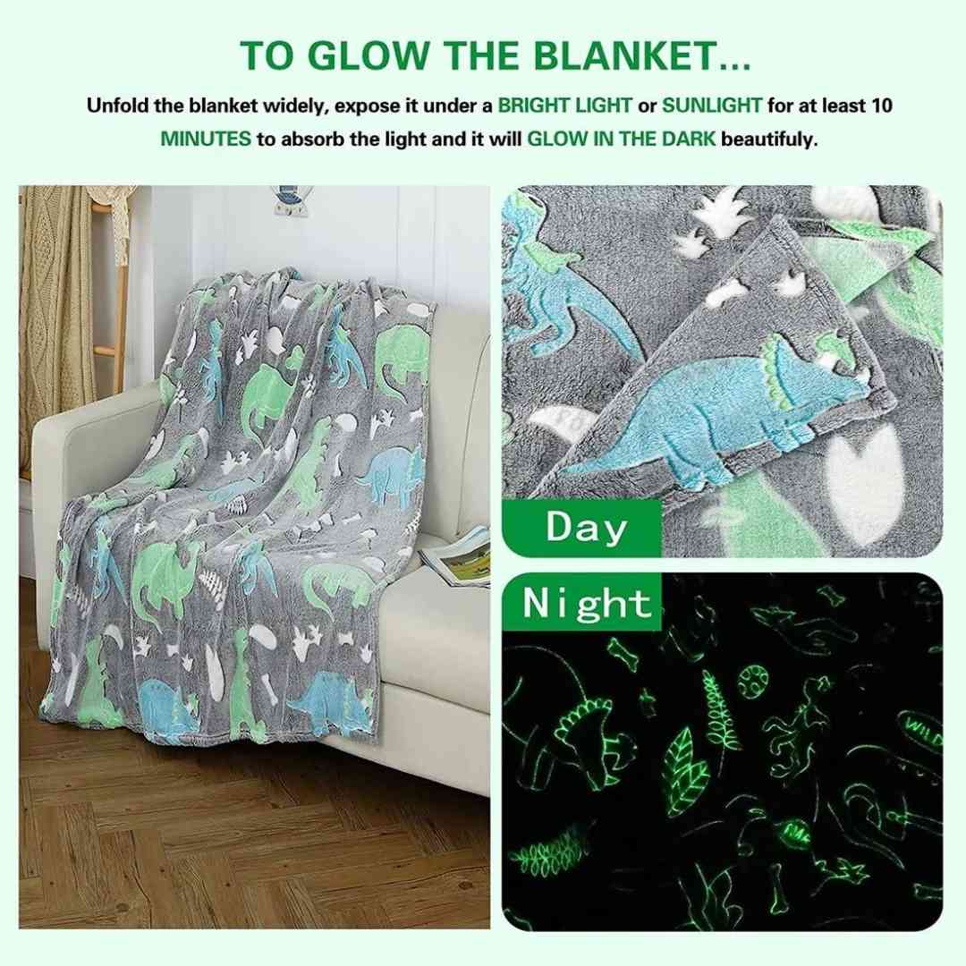 Famyo breathable glow blanket – grey dino print for ages 0–15