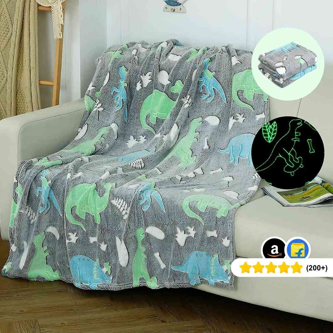 Grey dino glow in the dark blanket by Famyo – queen size kids AC blanket