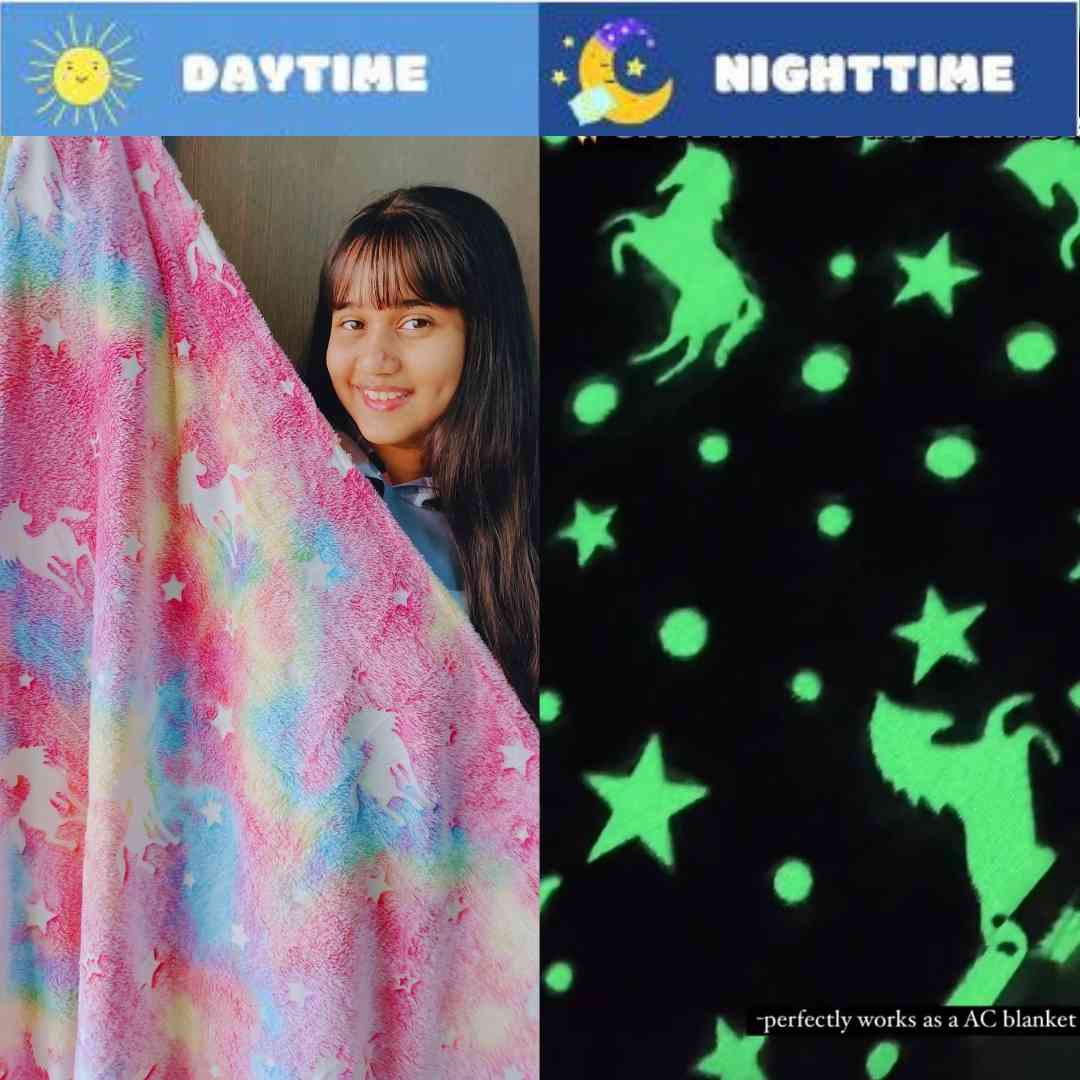 Pink unicorn AC blanket for kids – breathable and glowing bedtime layer