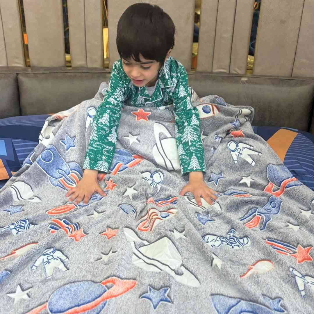 Unicorn + rocket spaceship kids blanket set – glow in dark flannel comfort